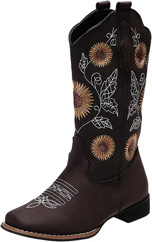Lausiuoe Cowboy Boots For Women Wide Calf Knee High Western Cowgirl Boots Embroidered Chunky Heel Fashion Boot Pull-On