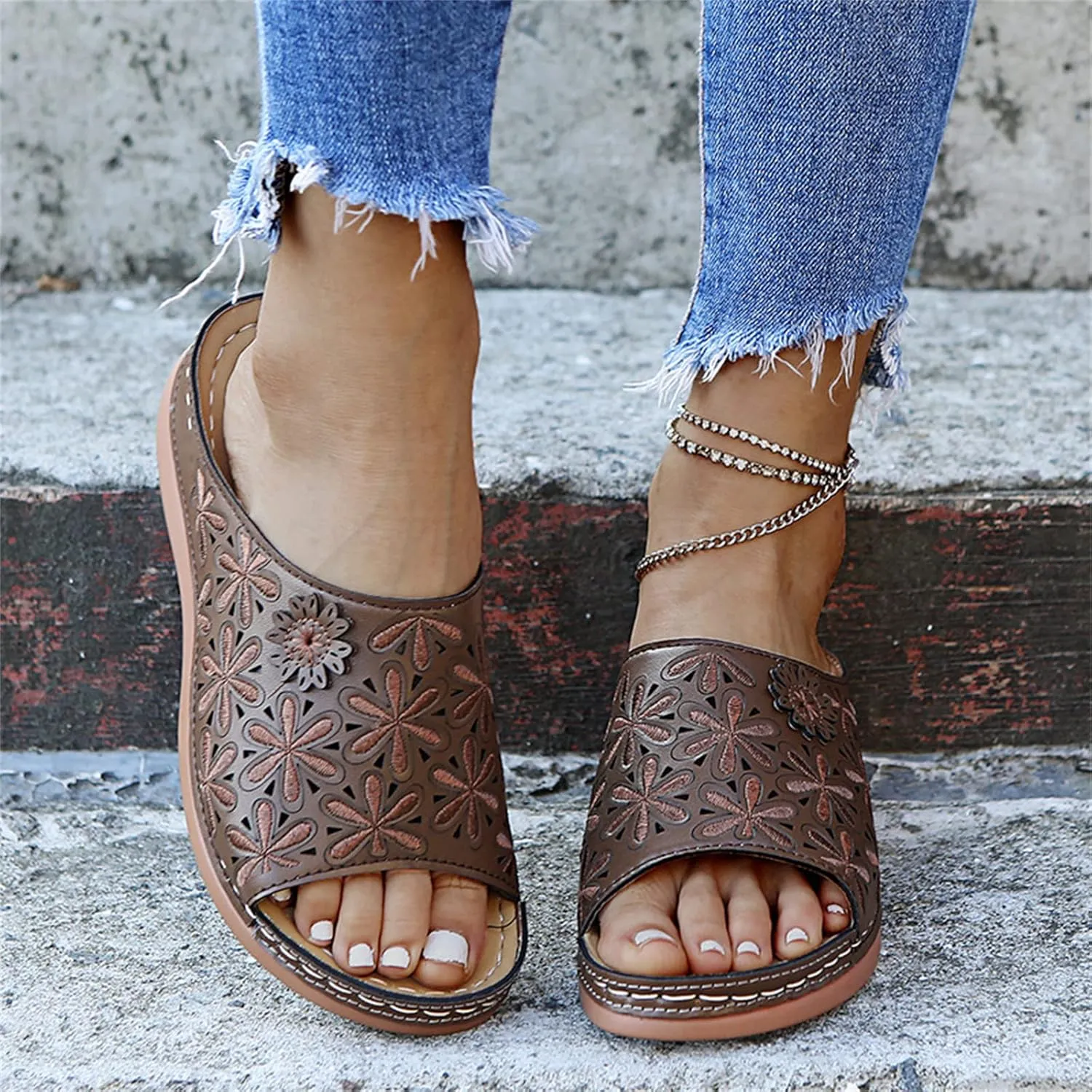 Lausiuoe Sandals Women Dressy Summer Flat Arch Support Comfortable Walking Orthopedic Slippers Cute Orthotic Flip Flops