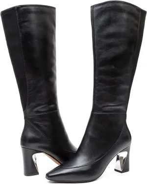 Linea Paolo - Jaime -Womens Mid-Height Heel Knee High Stretch Leather Fashion Boots
