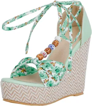 Meefit Women Lace Up Espadrille Sandals Platform Wedge High Heels Open Toe Floral Sandals