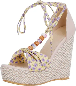 Meefit Women Lace Up Espadrille Sandals Platform Wedge High Heels Open Toe Floral Sandals