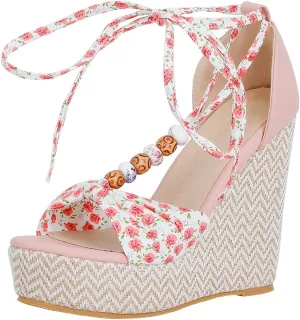 Meefit Women Lace Up Espadrille Sandals Platform Wedge High Heels Open Toe Floral Sandals
