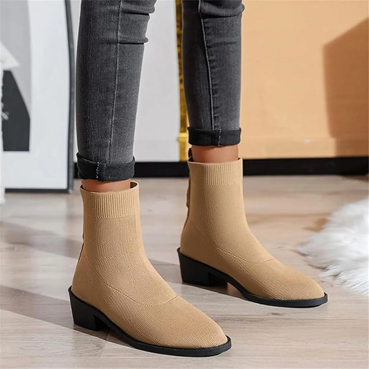 Mid Calf Boots for Women Large Size Suede Boots Women Chunky Heel Leopard Print Side Zipper Women's Short Boots