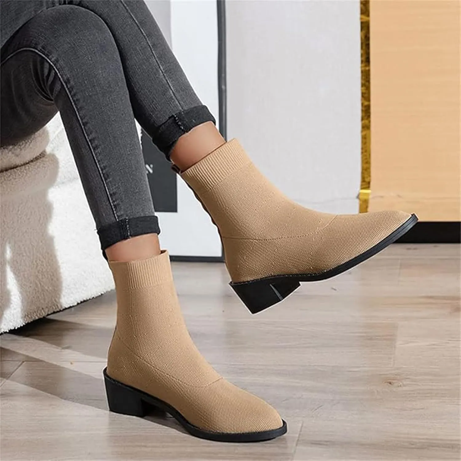 Mid Calf Boots for Women Large Size Suede Boots Women Chunky Heel Leopard Print Side Zipper Women's Short Boots