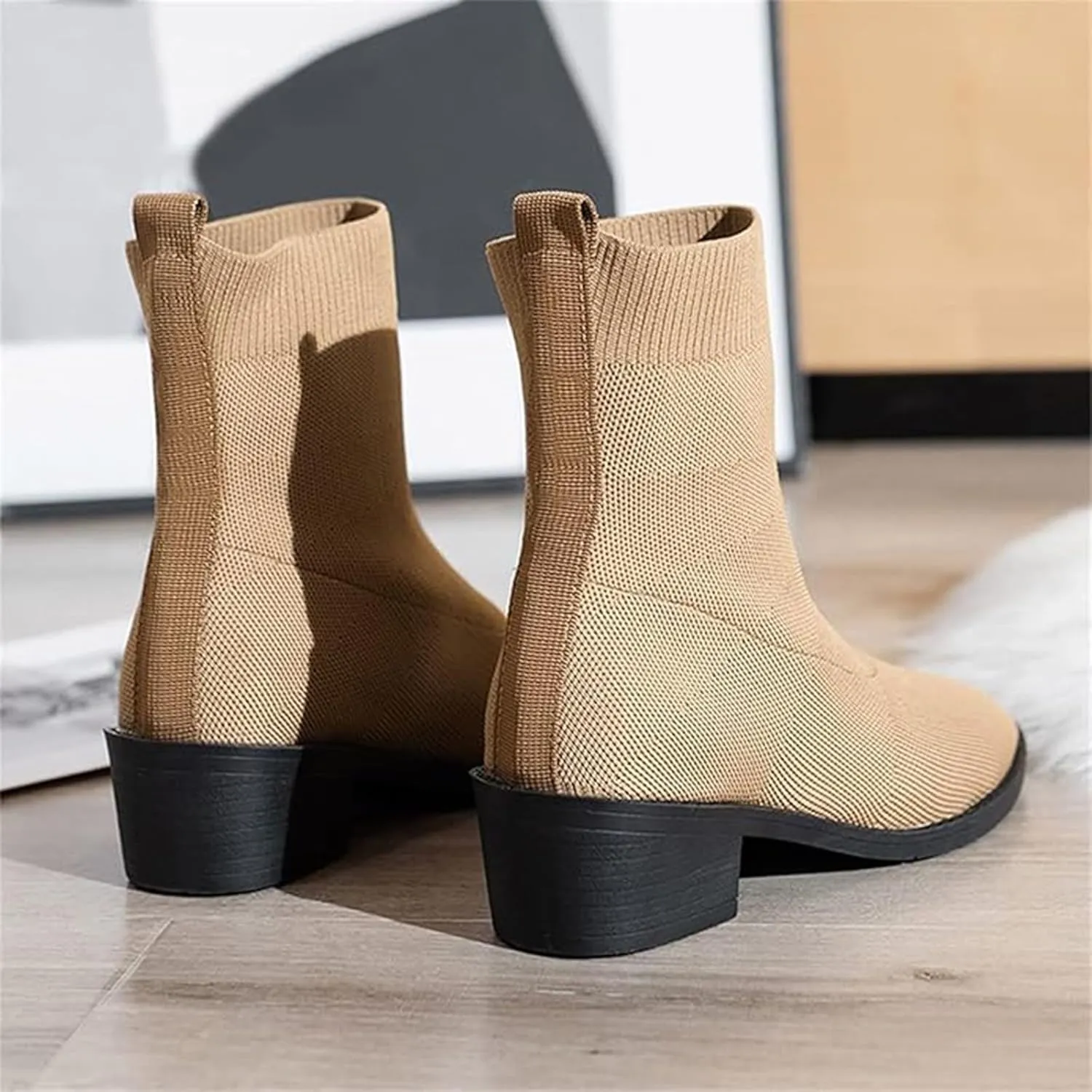 Mid Calf Boots for Women Large Size Suede Boots Women Chunky Heel Leopard Print Side Zipper Women's Short Boots