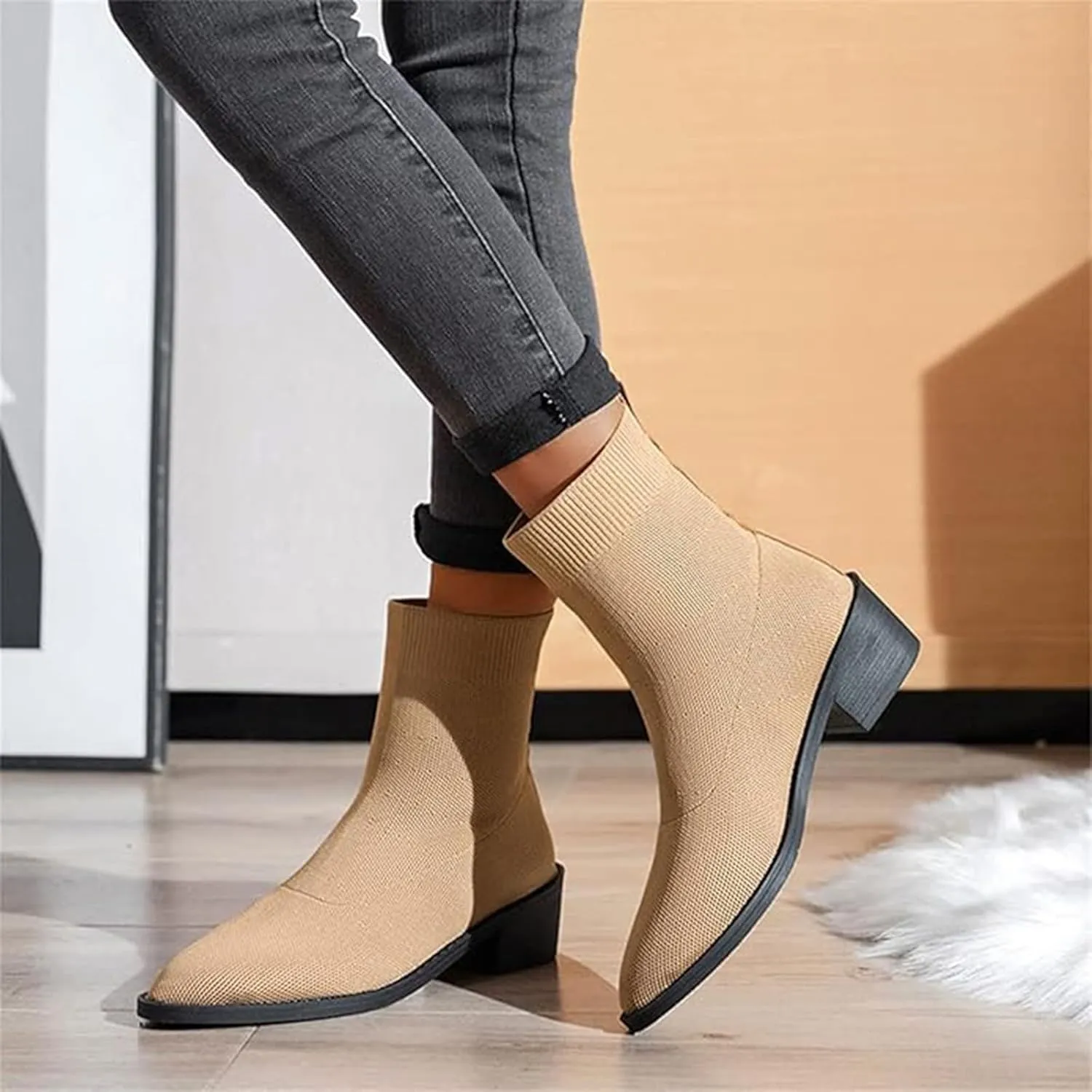 Mid Calf Boots for Women Large Size Suede Boots Women Chunky Heel Leopard Print Side Zipper Women's Short Boots