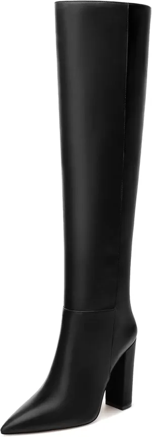 NUMALEO Womens Knee High Boots Pointed Chunky Block High Heel Long Boots Pull-On Fall Thigh High Boots Party Dress Shoes