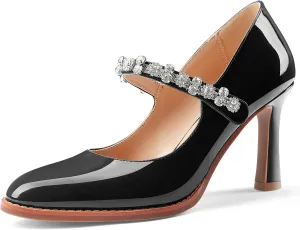 Oh Mispares Pointed Toe Heels for Women Mary Jane Stiletto Pumps Patent Leather Rhinestone Strap 3.5 Inch Dress Shoes for Wedding Party Prom New Parent