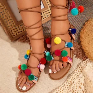 Pom-Pom Bohemian Shoes Strappy Women Sandals Sandals Leather Women's Wedges Platform Wedge Boots for Women (Multicolor, 7.5)