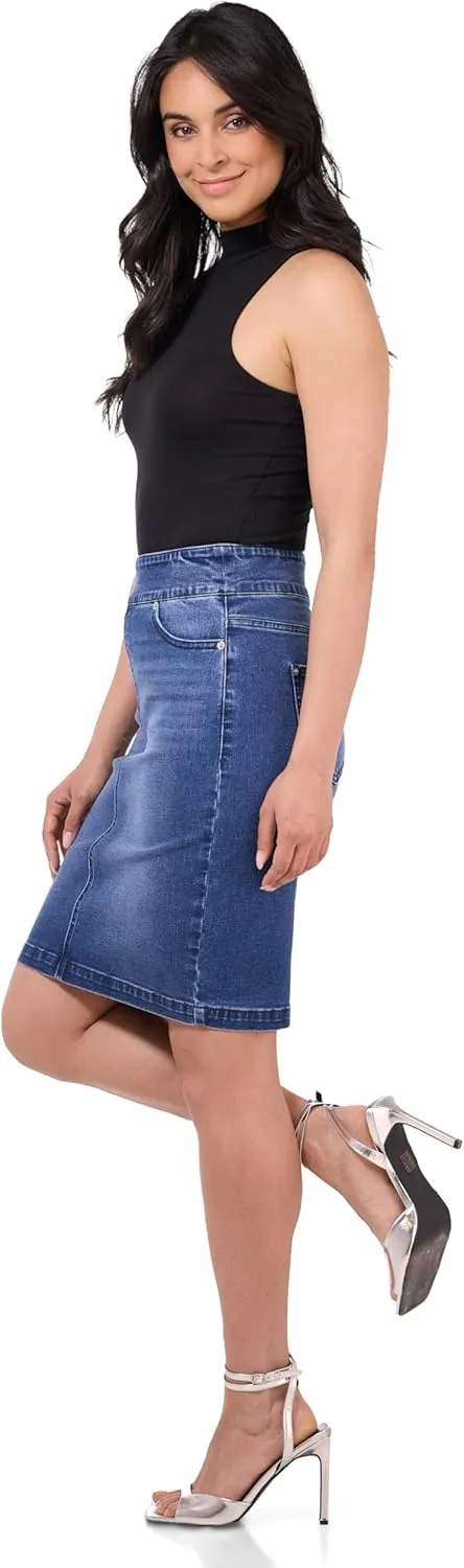 REKUCCI Womens Ease into Comfort Pull-On Stretch Denim Skirt  Soft Jean Fabric, Flattering Slim Fit, All-Day Comfort