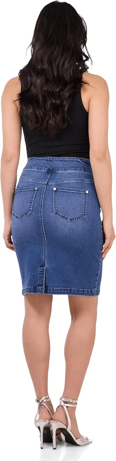 REKUCCI Womens Ease into Comfort Pull-On Stretch Denim Skirt  Soft Jean Fabric, Flattering Slim Fit, All-Day Comfort