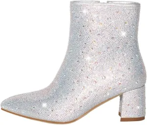richealnini Women's Ankle Boots with Glitters Sparkly Side Zip Up Block Heels Short Booties Mid Top Footwear