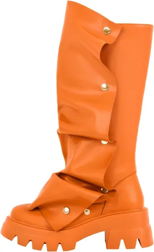 richealnini Women's Platform Punk Boots Slouch Fold Over Mid Calf Boots Pull On Tall Boots