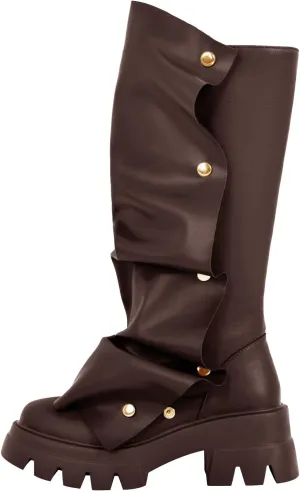 richealnini Women's Platform Punk Boots Slouch Fold Over Mid Calf Boots Pull On Tall Boots