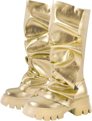 richealnini Women's Platform Punk Boots Slouch Fold Over Mid Calf Boots Pull On Tall Boots