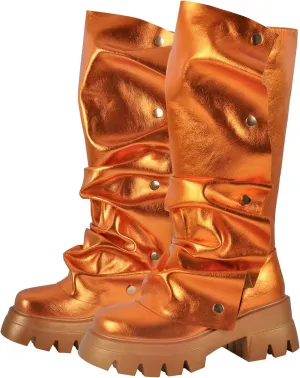 richealnini Women's Platform Punk Boots Slouch Fold Over Mid Calf Boots Pull On Tall Boots
