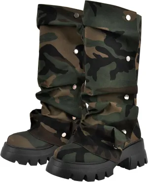 richealnini Women's Platform Punk Boots Slouch Fold Over Mid Calf Boots Pull On Tall Boots