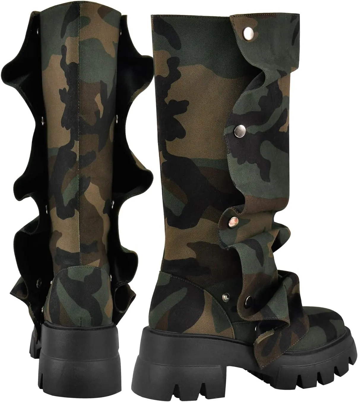 richealnini Women's Platform Punk Boots Slouch Fold Over Mid Calf Boots Pull On Tall Boots