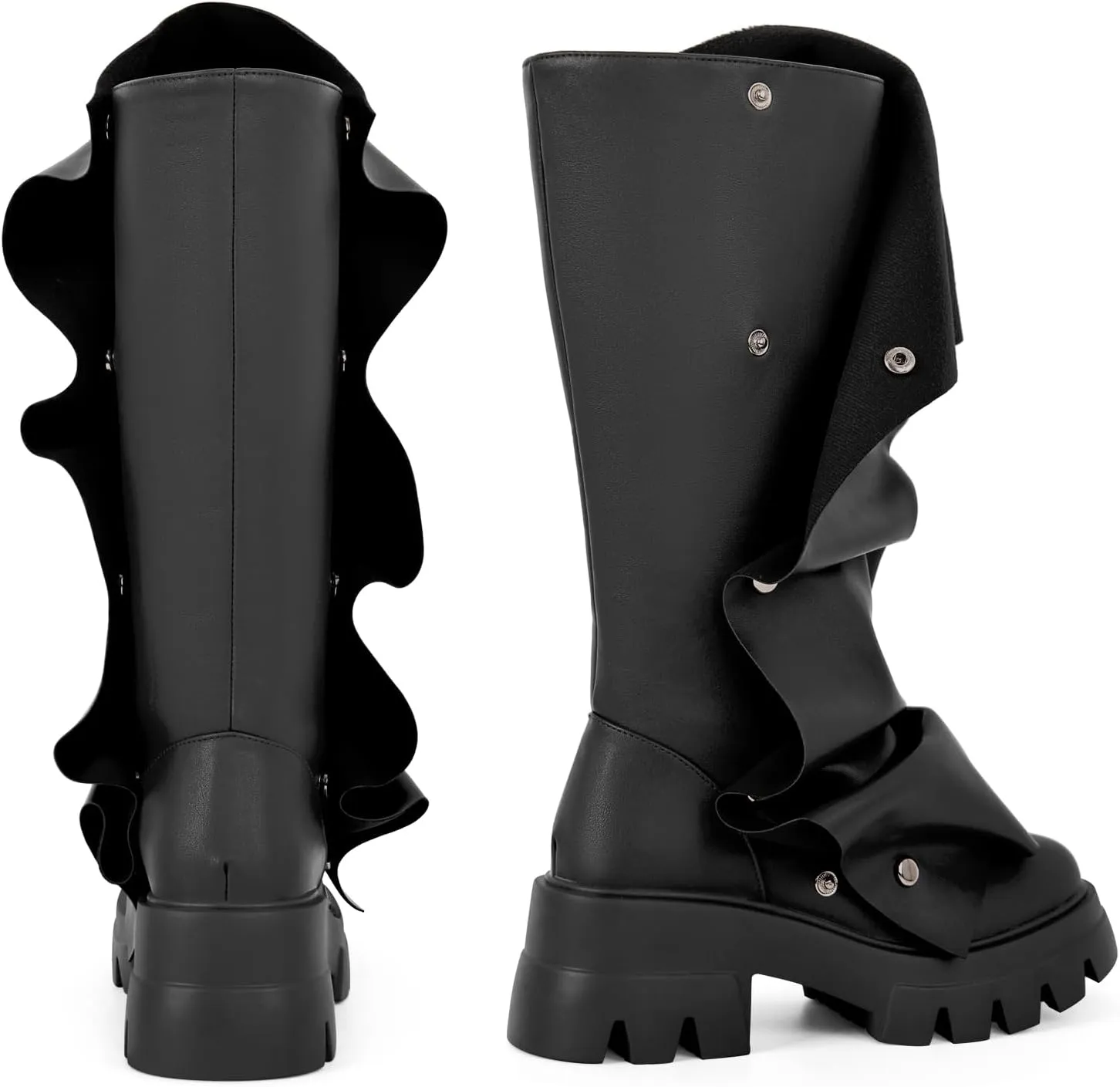 richealnini Women's Platform Punk Boots Slouch Fold Over Mid Calf Boots Pull On Tall Boots