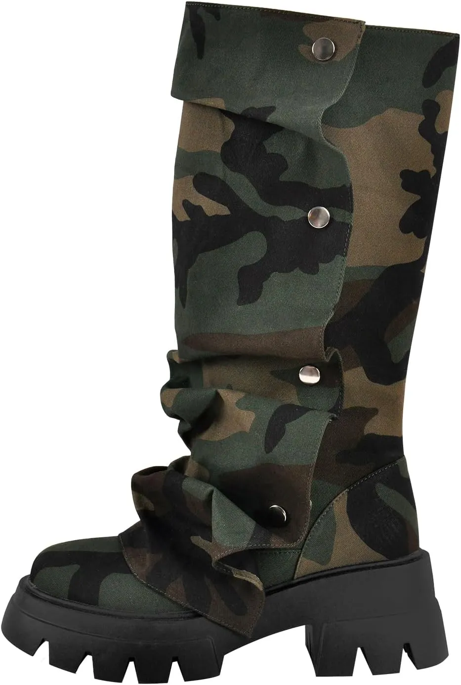 richealnini Women's Platform Punk Boots Slouch Fold Over Mid Calf Boots Pull On Tall Boots