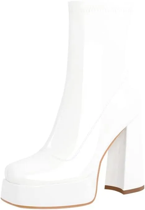 richealnini Women's Square Toe Platform Block Heeled Ankle Boots for Party Wedding