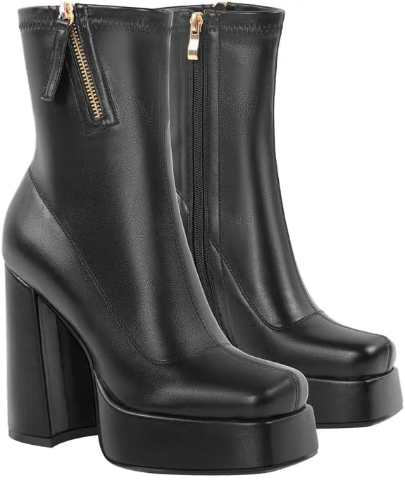 richealnini Women's Square Toe Platform Block Heeled Ankle Boots for Party Wedding