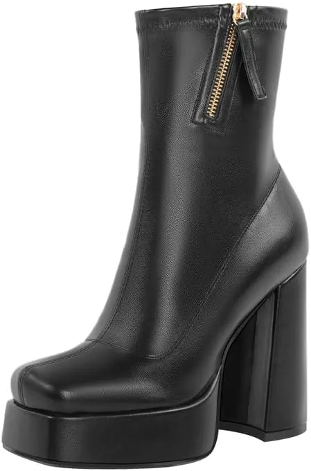 richealnini Women's Square Toe Platform Block Heeled Ankle Boots for Party Wedding
