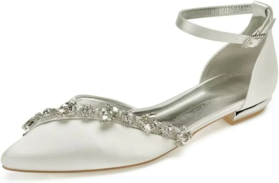Satin Rhinestones Wedding Shoes for Bride Flats Pointed Toe Formal Dress Shoes Flats