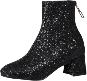 Sequins Glitter Chunky Heel Ankle Boots for Women Sparkly Booties Zipper Block Heeled Wedding Party Dress Shoes