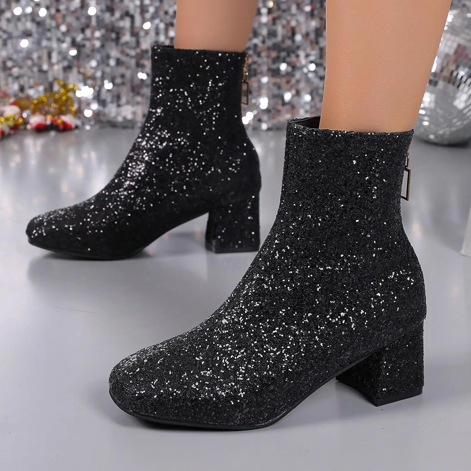 Sequins Glitter Chunky Heel Ankle Boots for Women Sparkly Booties Zipper Block Heeled Wedding Party Dress Shoes