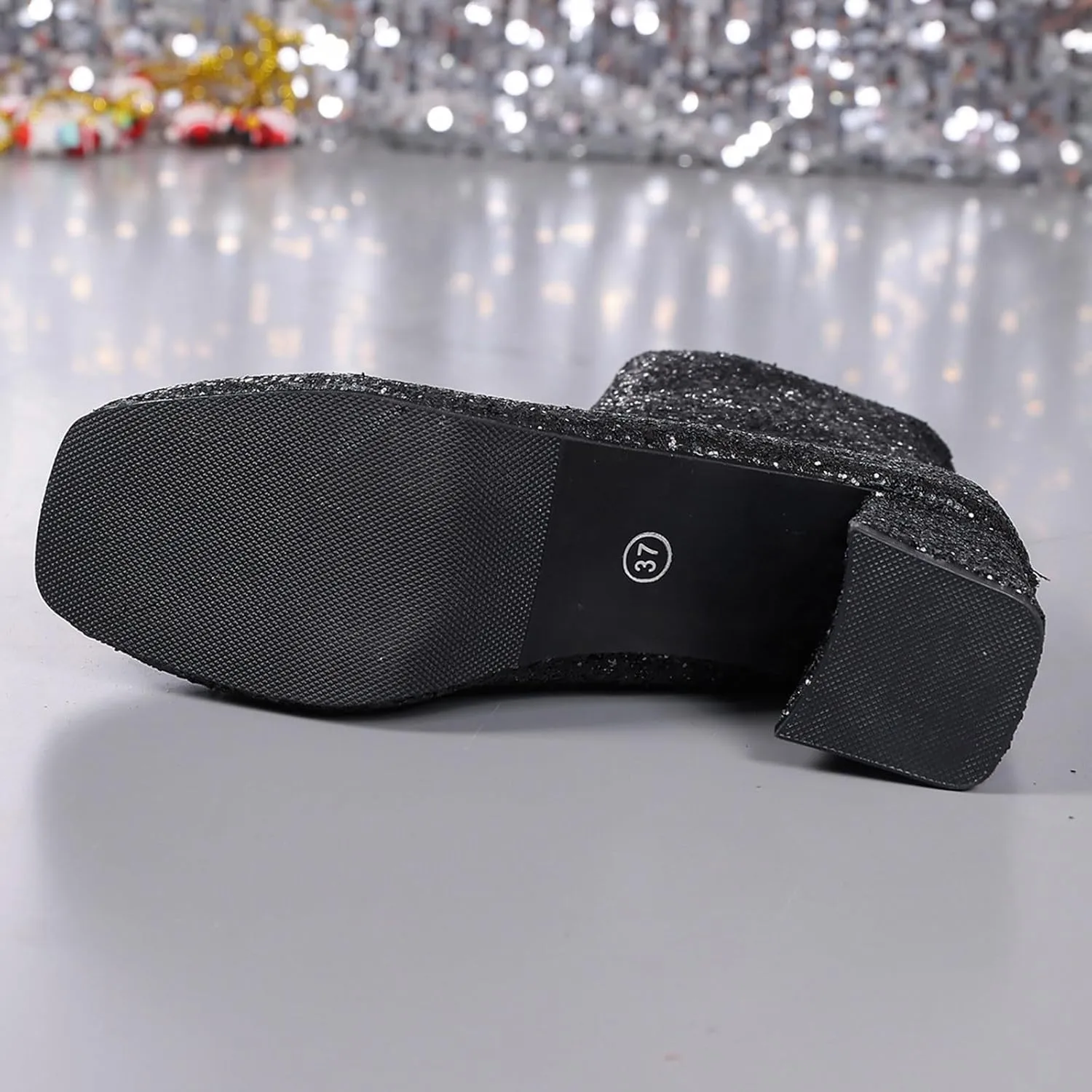 Sequins Glitter Chunky Heel Ankle Boots for Women Sparkly Booties Zipper Block Heeled Wedding Party Dress Shoes