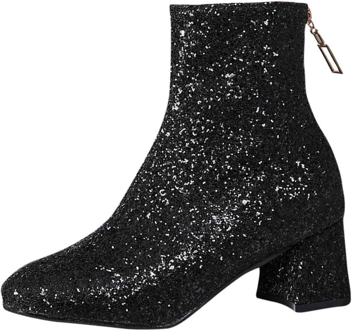 Sequins Glitter Chunky Heel Ankle Boots for Women Sparkly Booties Zipper Block Heeled Wedding Party Dress Shoes
