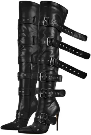 sexytag Thigh High Multi-buckle Wide Calf Boots Stiletto Heel Over the Knee Boots