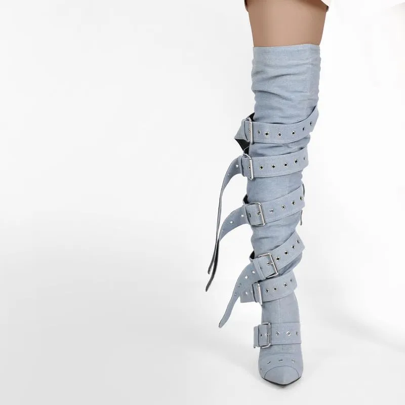 sexytag Thigh High Multi-buckle Wide Calf Boots Stiletto Heel Over the Knee Boots