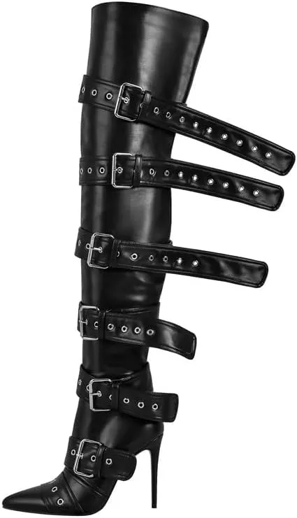 sexytag Thigh High Multi-buckle Wide Calf Boots Stiletto Heel Over the Knee Boots