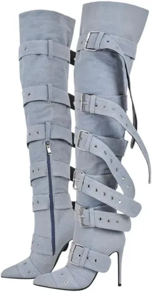 sexytag Thigh High Multi-buckle Wide Calf Boots Stiletto Heel Over the Knee Boots