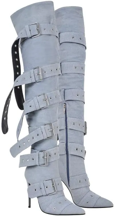sexytag Thigh High Multi-buckle Wide Calf Boots Stiletto Heel Over the Knee Boots