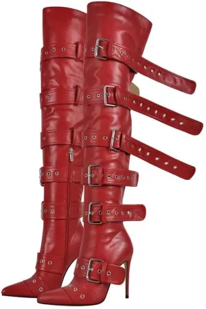 sexytag Thigh High Multi-buckle Wide Calf Boots Stiletto Heel Over the Knee Boots
