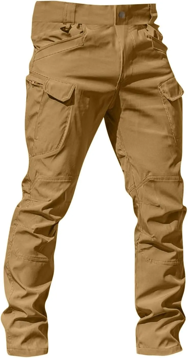 Slim Fit Cargo Pants for Men Button Elastic Waist Carpenter Pants Water Resistant Hiking Work Pants Multi Pockets