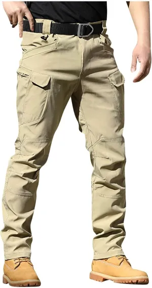 Slim Fit Cargo Pants for Men Button Elastic Waist Carpenter Pants Water Resistant Hiking Work Pants Multi Pockets
