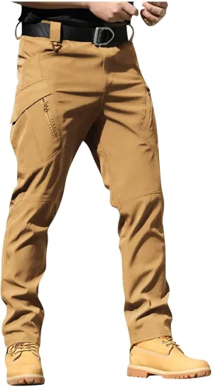 Slim Fit Cargo Pants for Men Button Elastic Waist Carpenter Pants Water Resistant Hiking Work Pants Multi Pockets