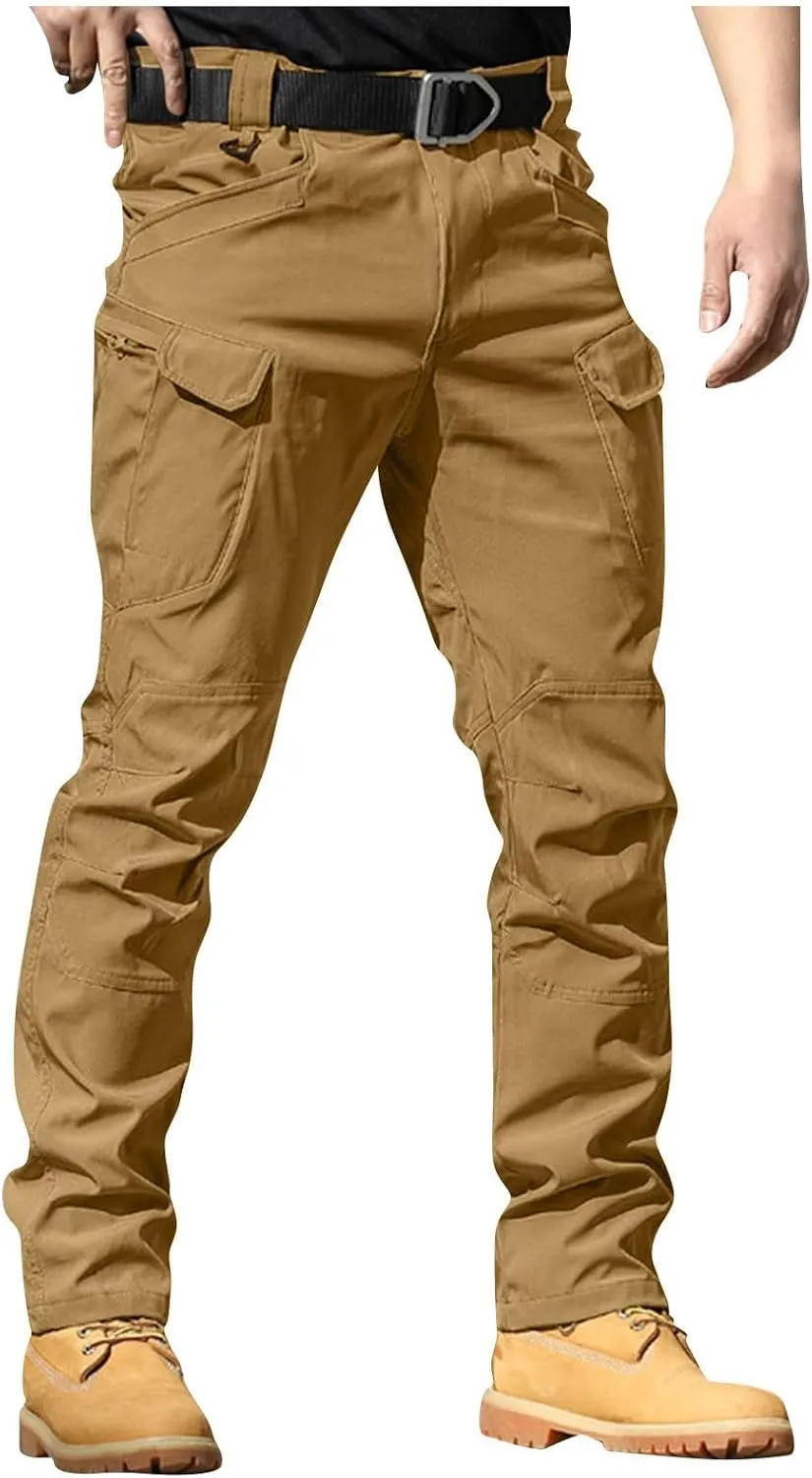 Slim Fit Cargo Pants for Men Button Elastic Waist Carpenter Pants Water Resistant Hiking Work Pants Multi Pockets