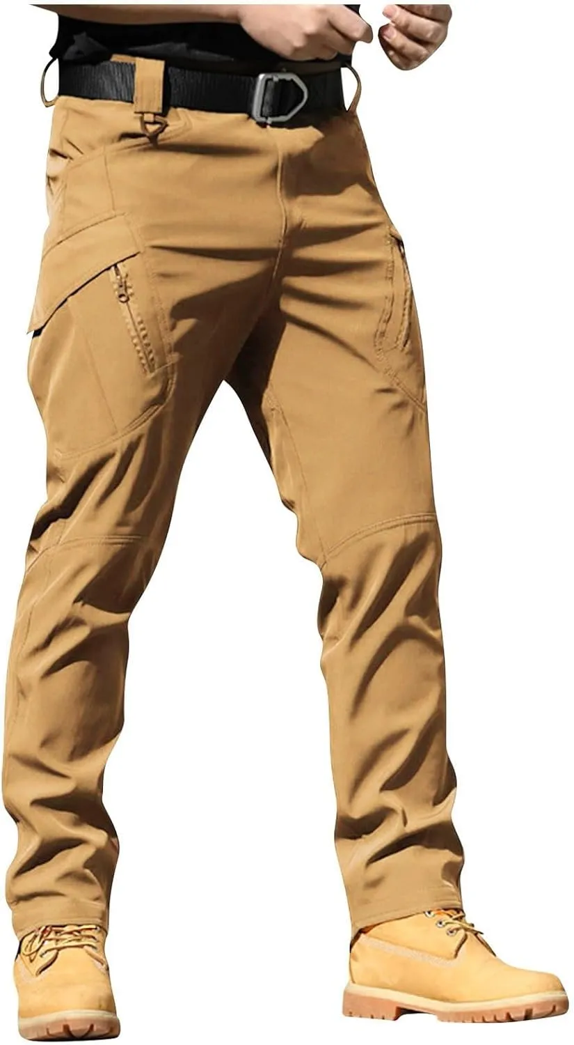 Slim Fit Cargo Pants for Men Button Elastic Waist Carpenter Pants Water Resistant Hiking Work Pants Multi Pockets
