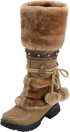 Snow Boots for Women Fur Boots for Women Womens Winter Boots Round Toe Suede Square Heel Warm Mid-Calf Snow Boots