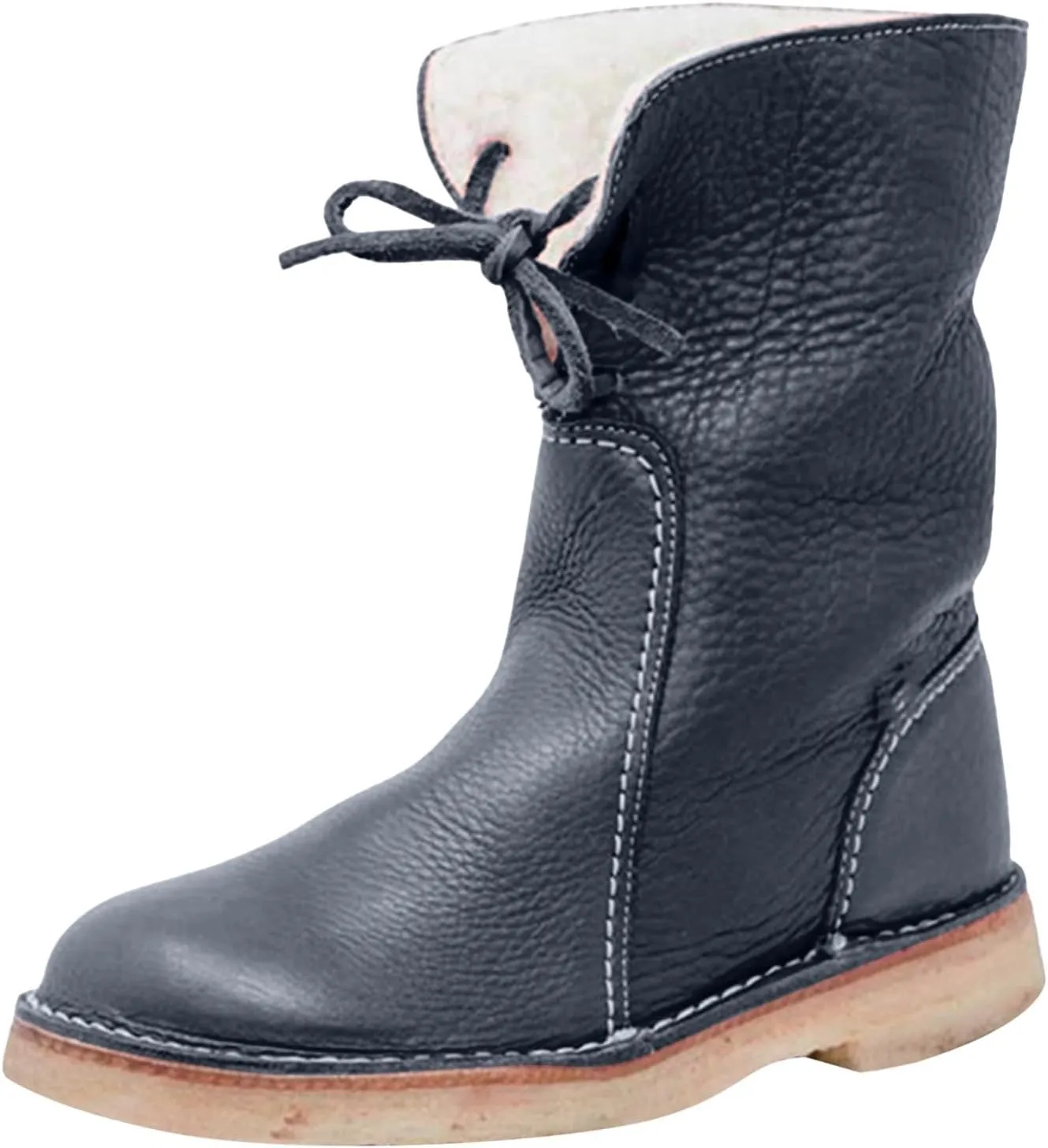 Snow Boots for Women Mid Calf,Warm Fur Lined Winter Boots Casual Lace Up Wide Calf Boots Waterproof Leather Boots