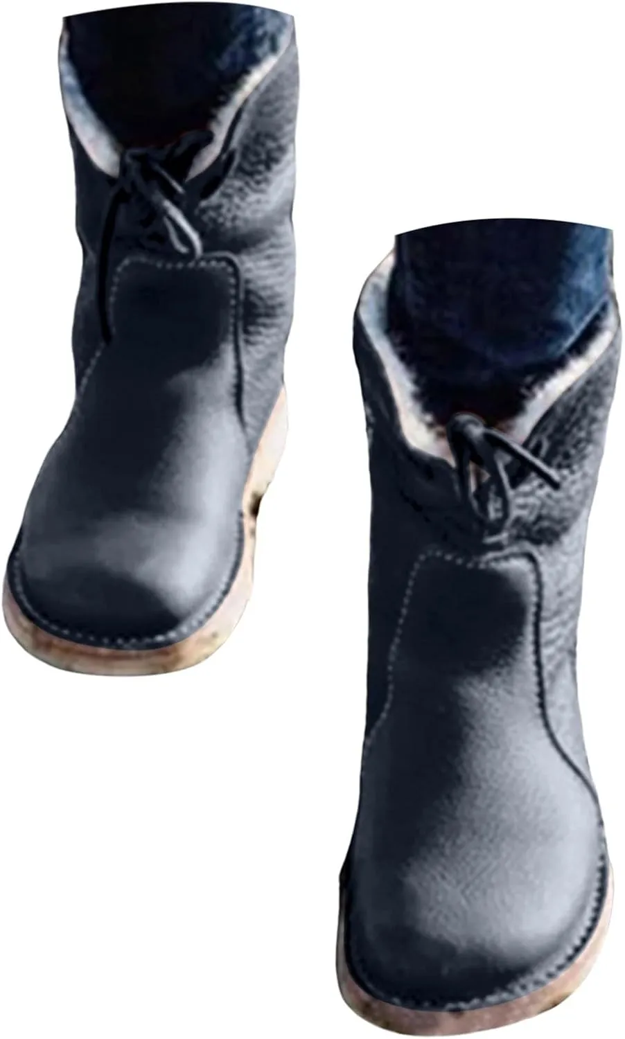 Snow Boots for Women Mid Calf,Warm Fur Lined Winter Boots Casual Lace Up Wide Calf Boots Waterproof Leather Boots