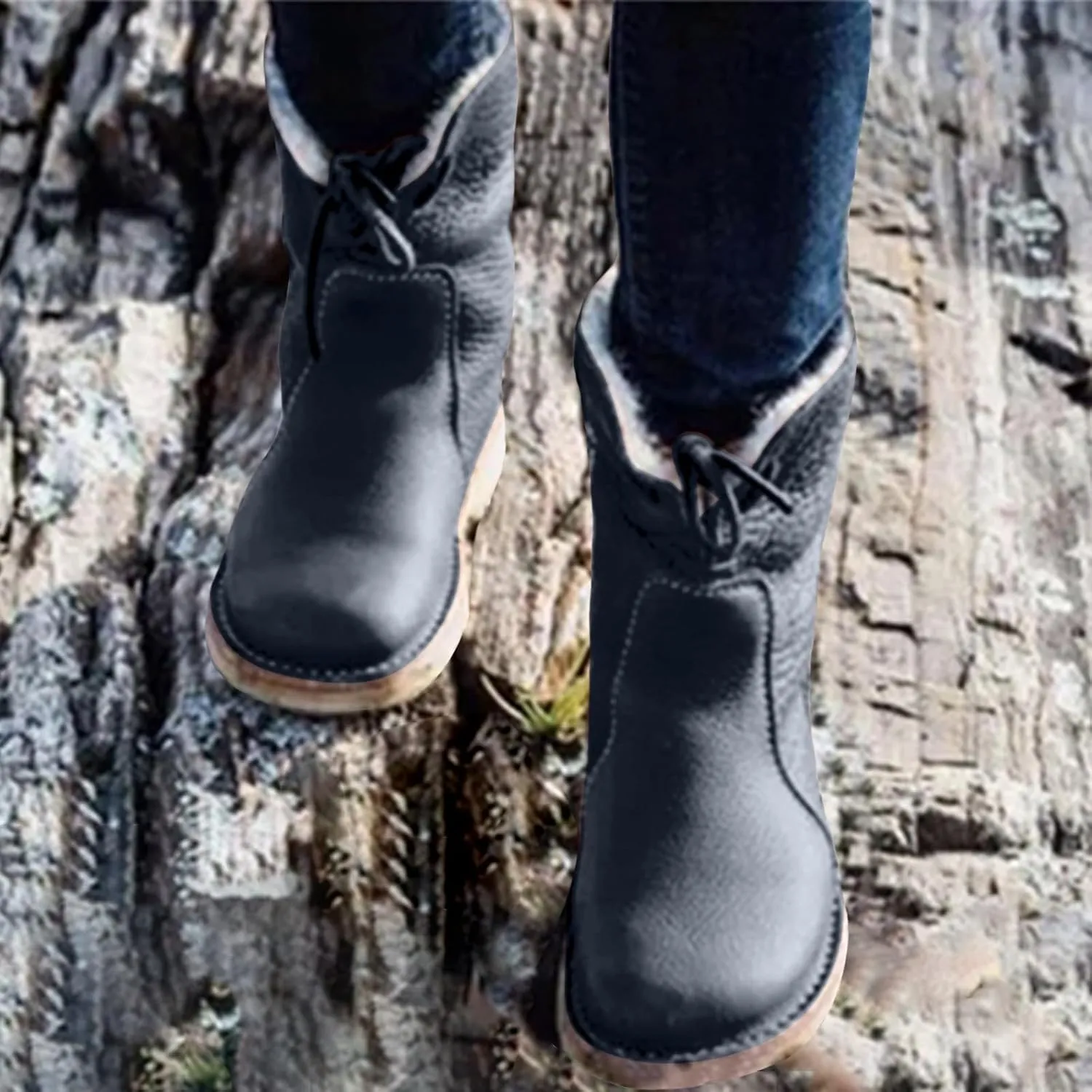 Snow Boots for Women Mid Calf,Warm Fur Lined Winter Boots Casual Lace Up Wide Calf Boots Waterproof Leather Boots
