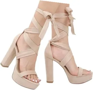 Strappy Sandals for Women 2024 Solid Color Velvet Chunky Platform Sandals Lace Up Heels for Women Open Toe Dress Stiletto Heels Summer Sandals Wedding Bridal Shoes
