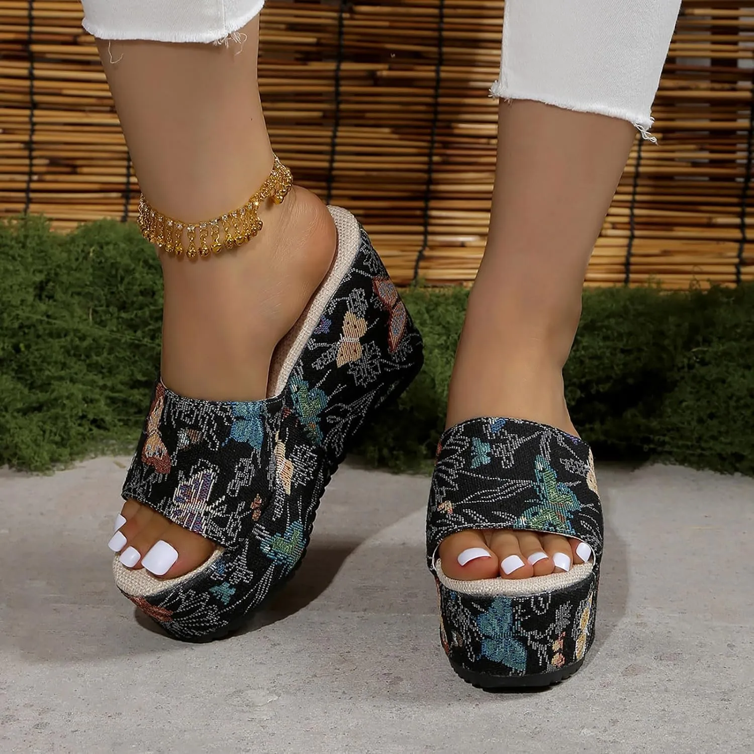 SuanlaTDS Platform Wedge Sandals Women Dressy Canvas Open Toe Slip On High Heels Comfortable Casual Summer Bohemian Beach Elegant Chunky Bottom Heeled Pu-mps Wedges Slides Sandal