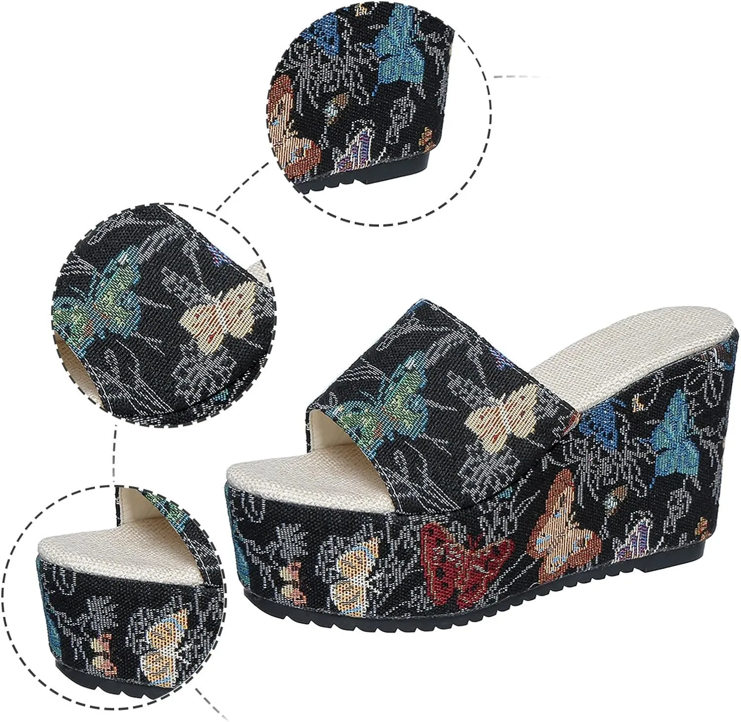 SuanlaTDS Platform Wedge Sandals Women Dressy Canvas Open Toe Slip On High Heels Comfortable Casual Summer Bohemian Beach Elegant Chunky Bottom Heeled Pu-mps Wedges Slides Sandal